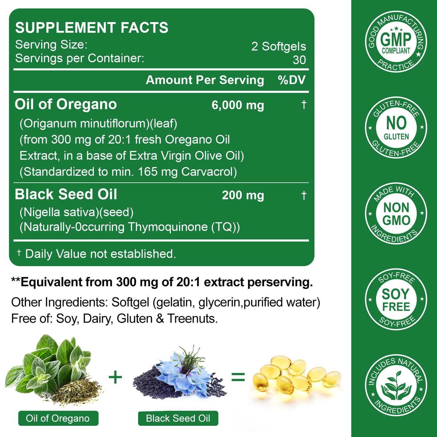 Nature's live Oil of Oregano with Black Seed Oil, 2 in 1 Oregano Supplement for Immune Health, Retains High Concentrated Carvacrol & Thymoquinone, Non-GMO, 60 Softgels, 1 Pack