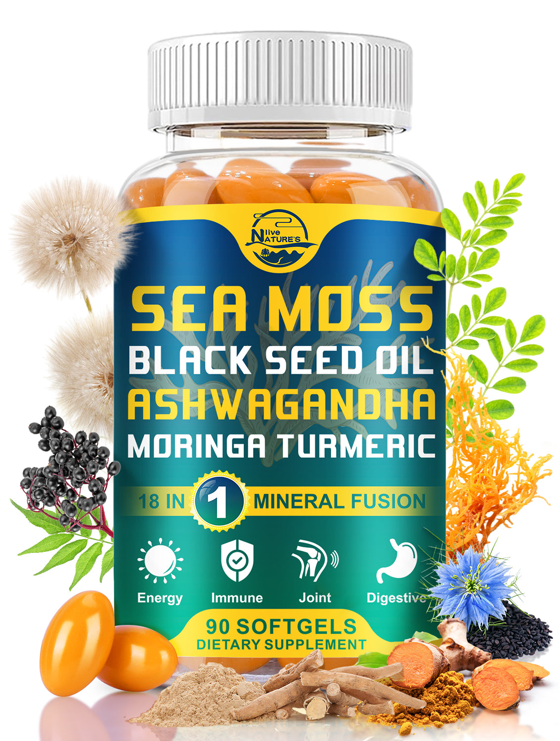 Nature's live Organic Sea Moss Softgels, with Black Seed Oil, Ashwagandha, Bladderwrack, Ginger, Burdock Root, Manuka Honey, Cinnamon for Immune System, Skin, Energy, 90 Softgels, 1 Pack