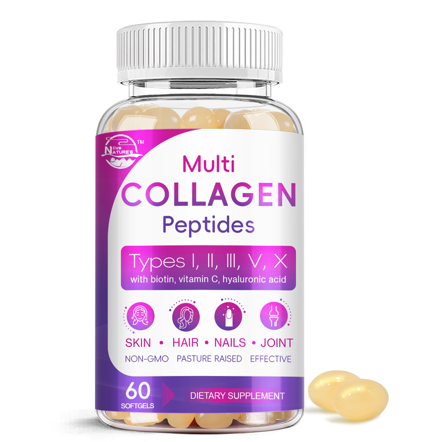 Multi Collagen Peptides Softgel - Type I, II, III, V, X - Hydrolyzed Collagen Peptides with Biotin, Vitamin C, Hyaluronic Acid, Supports Skin Hair Nail, Grass-Fed, Non-GMO, 60 Softgel, 1 Pack
