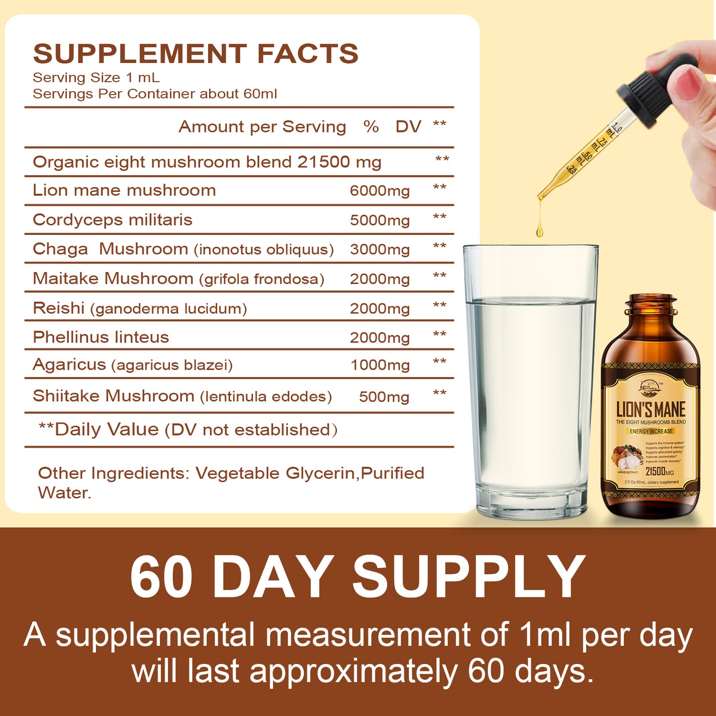 Lions Mane Supplement, Liquid Mushroom Extract Drops, 8 Mushrooms Complex for Cognitive Support and Immunity Boost, Up to 2 Month Supply, Mushroom Supplement with Lion's Mane, Cordyceps, Reishi