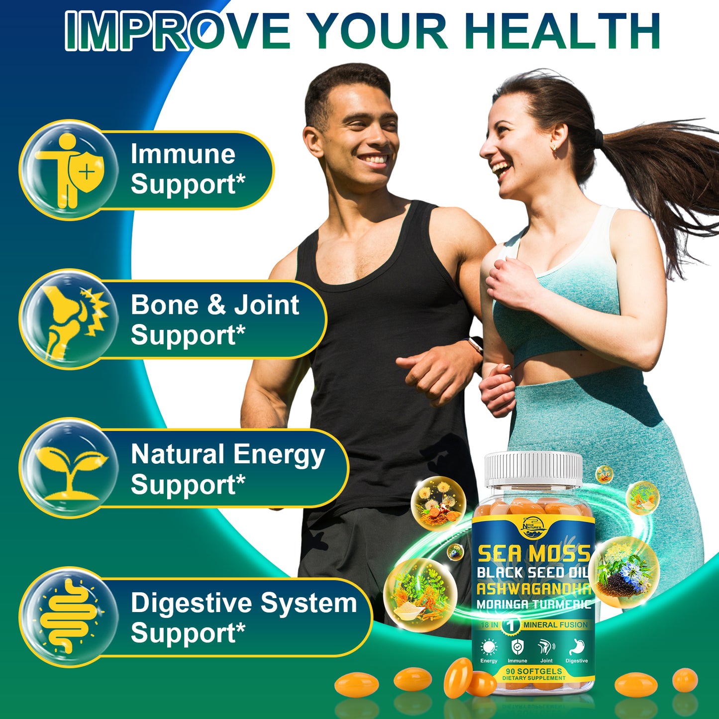 Nature's live Organic Sea Moss Softgels, with Black Seed Oil, Ashwagandha, Bladderwrack, Ginger, Burdock Root, Manuka Honey, Cinnamon for Immune System, Skin, Energy, 90 Softgels, 1 Pack