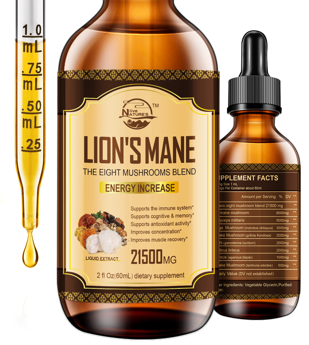 Lions Mane Supplement, Liquid Mushroom Extract Drops, 8 Mushrooms Complex for Cognitive Support and Immunity Boost, Up to 2 Month Supply, Mushroom Supplement with Lion's Mane, Cordyceps, Reishi