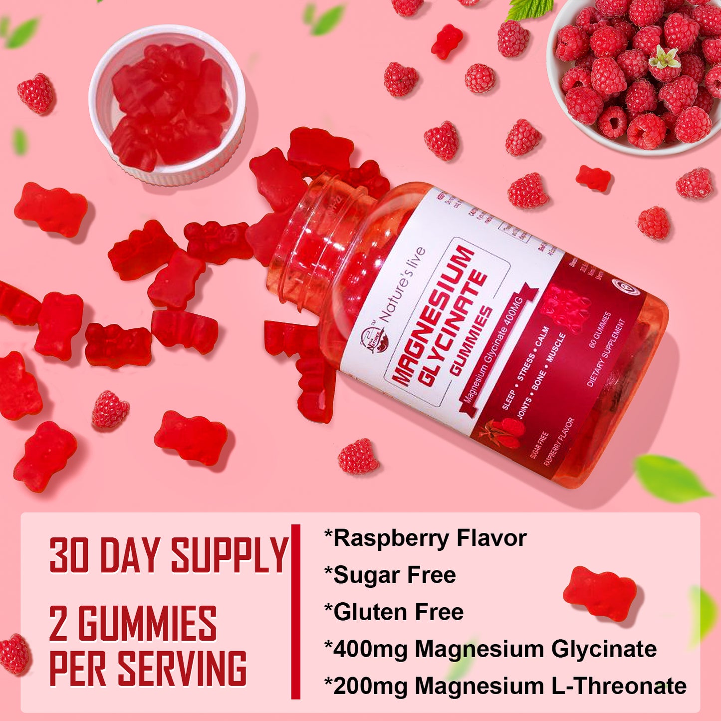 Magnesium Glycinate Gummies, Sugar Free Magnesium Supplement with Magnesium Glycinate 400mg, Magnesium L-Threonate 200mg for Calm Mood, Muscle, Bone & Sleep for Adults, Raspberry Gummies