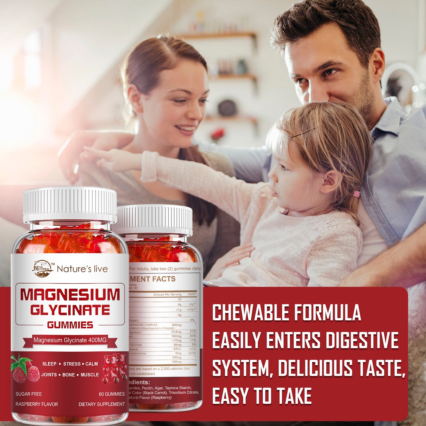 Magnesium Glycinate Gummies, Sugar Free Magnesium Supplement with Magnesium Glycinate 400mg, Magnesium L-Threonate 200mg for Calm Mood, Muscle, Bone & Sleep for Adults, Raspberry Gummies