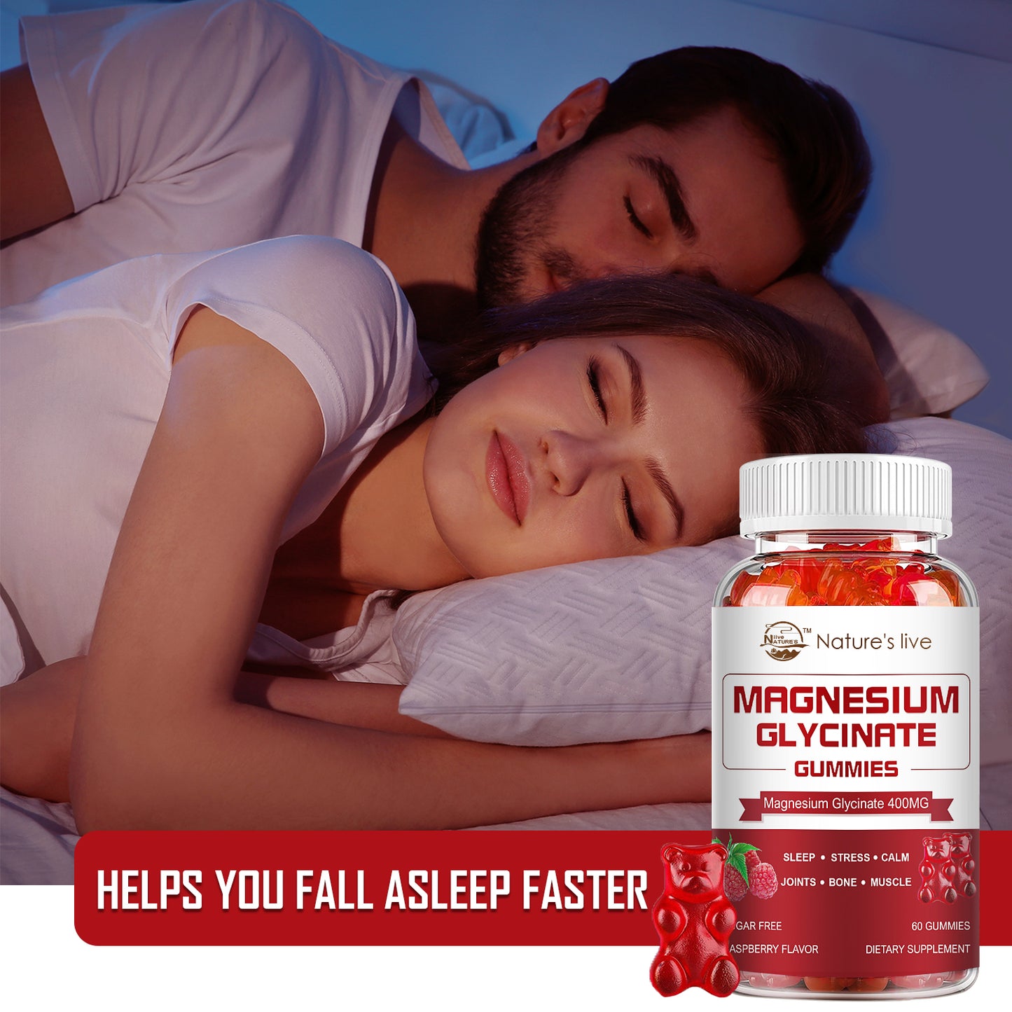 Magnesium Glycinate Gummies, Sugar Free Magnesium Supplement with Magnesium Glycinate 400mg, Magnesium L-Threonate 200mg for Calm Mood, Muscle, Bone & Sleep for Adults, Raspberry Gummies