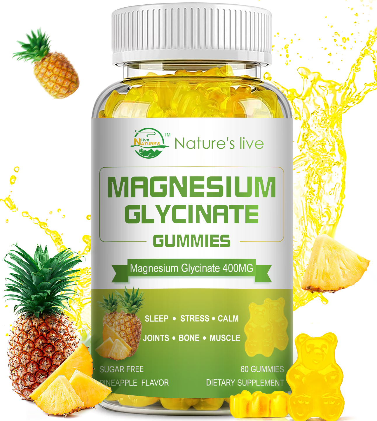 Magnesium Glycinate Gummies, Sugar Free Magnesium Supplement with Magnesium Glycinate 400mg, Magnesium L-Threonate 200mg for Calm Mood, Muscle, Bone & Sleep for Adults, Pineapple Gummies