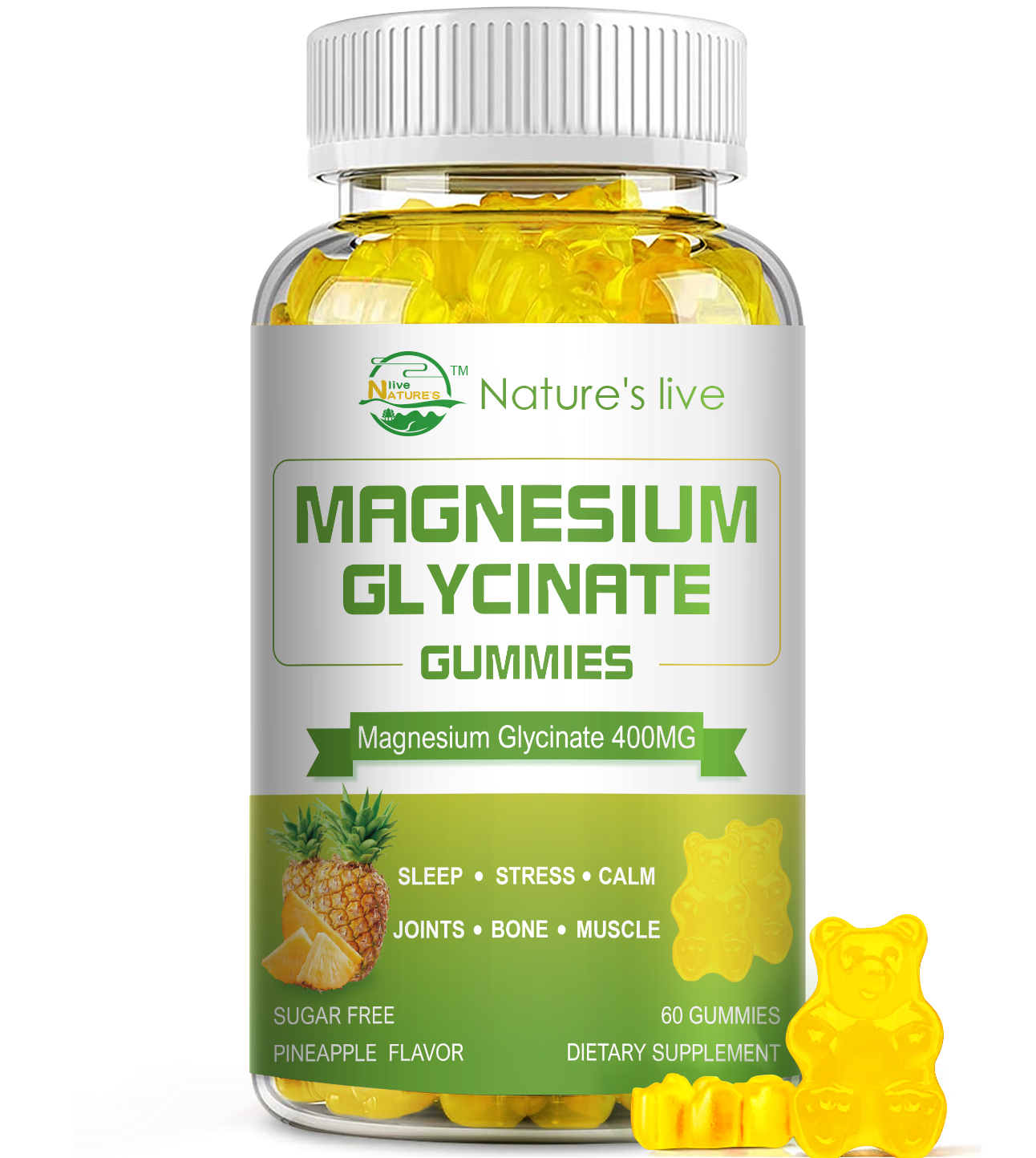 Magnesium Glycinate Gummies, Sugar Free Magnesium Supplement with Magnesium Glycinate 400mg, Magnesium L-Threonate 200mg for Calm Mood, Muscle, Bone & Sleep for Adults, Pineapple Gummies