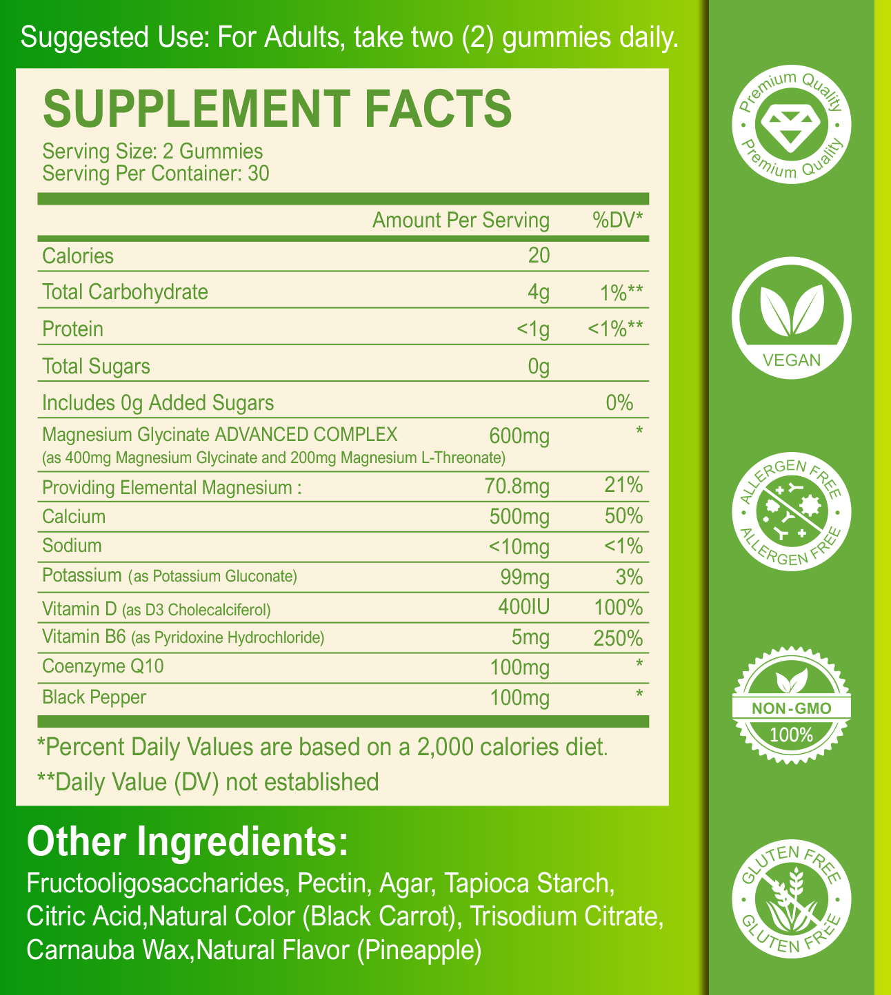 Magnesium Glycinate Gummies, Sugar Free Magnesium Supplement with Magnesium Glycinate 400mg, Magnesium L-Threonate 200mg for Calm Mood, Muscle, Bone & Sleep for Adults, Pineapple Gummies