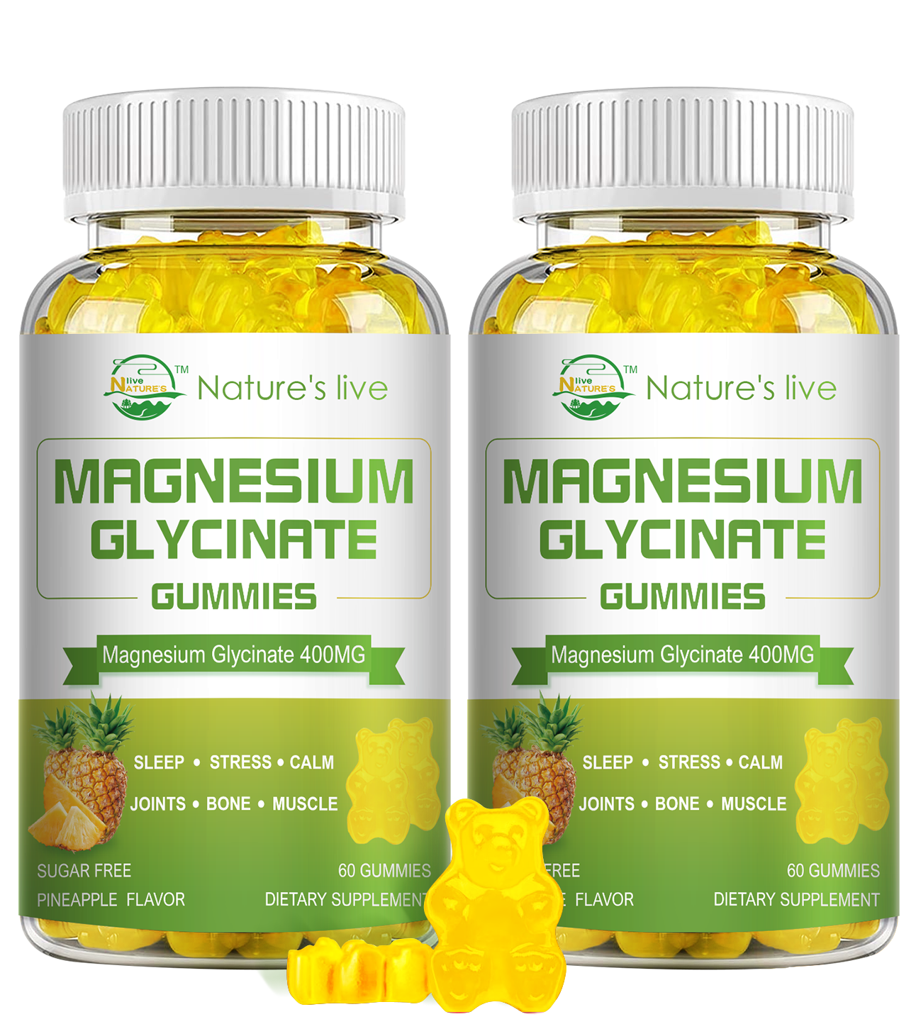 Magnesium Glycinate Gummies, Sugar Free Magnesium Supplement with Magnesium Glycinate 400mg, Magnesium L-Threonate 200mg for Calm Mood, Muscle, Bone & Sleep for Adults, Pineapple Gummies