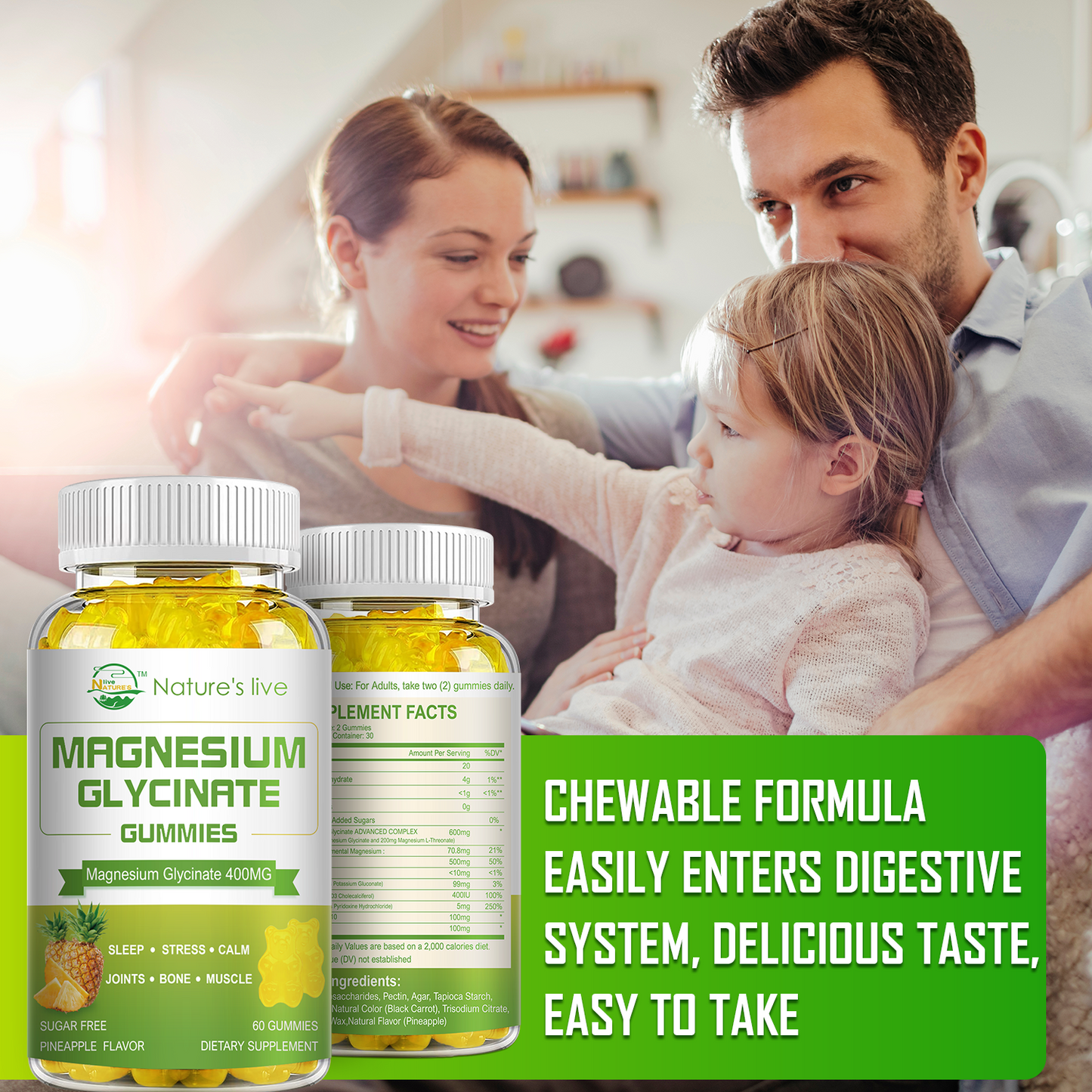 Magnesium Glycinate Gummies, Sugar Free Magnesium Supplement with Magnesium Glycinate 400mg, Magnesium L-Threonate 200mg for Calm Mood, Muscle, Bone & Sleep for Adults, Pineapple Gummies