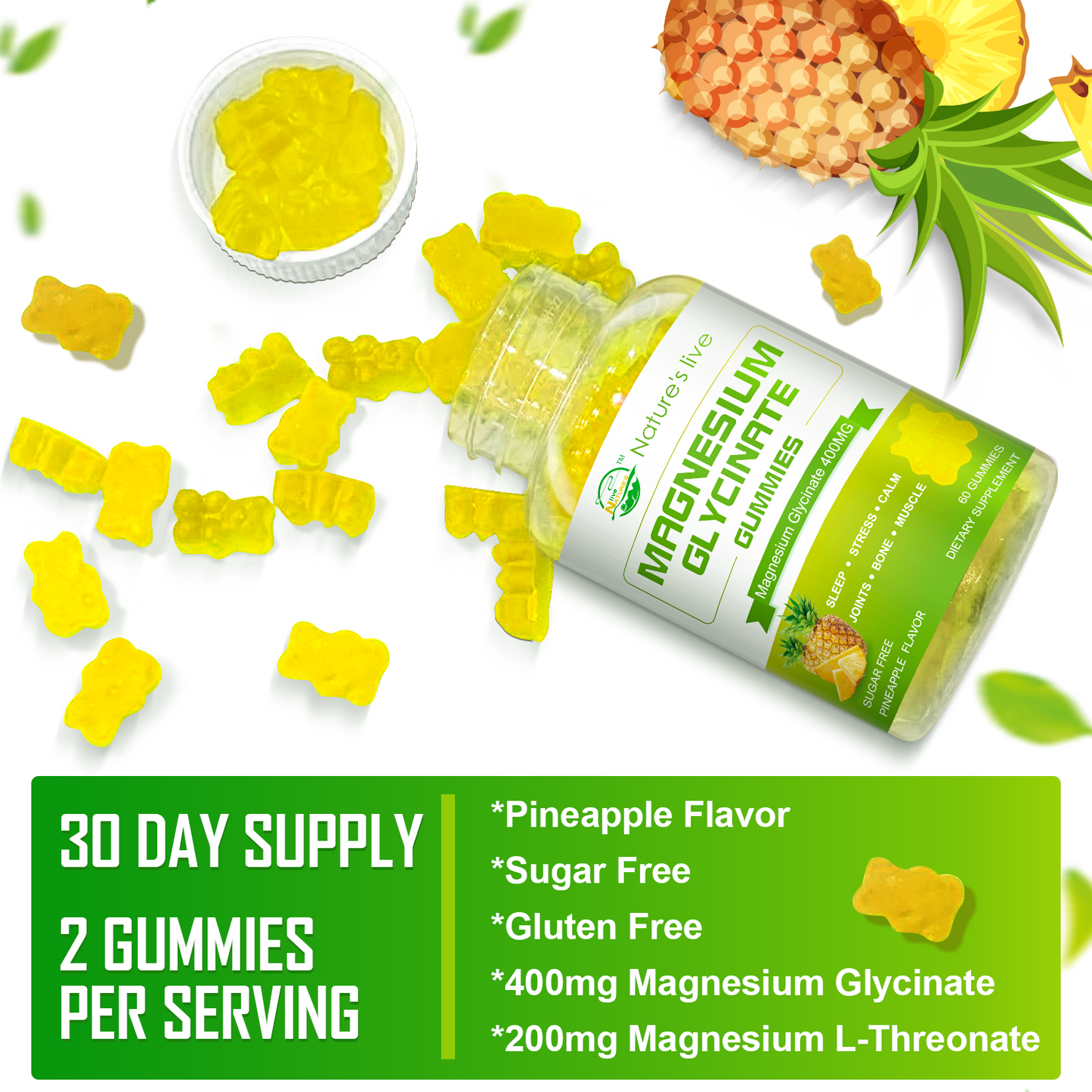 Magnesium Glycinate Gummies, Sugar Free Magnesium Supplement with Magnesium Glycinate 400mg, Magnesium L-Threonate 200mg for Calm Mood, Muscle, Bone & Sleep for Adults, Pineapple Gummies