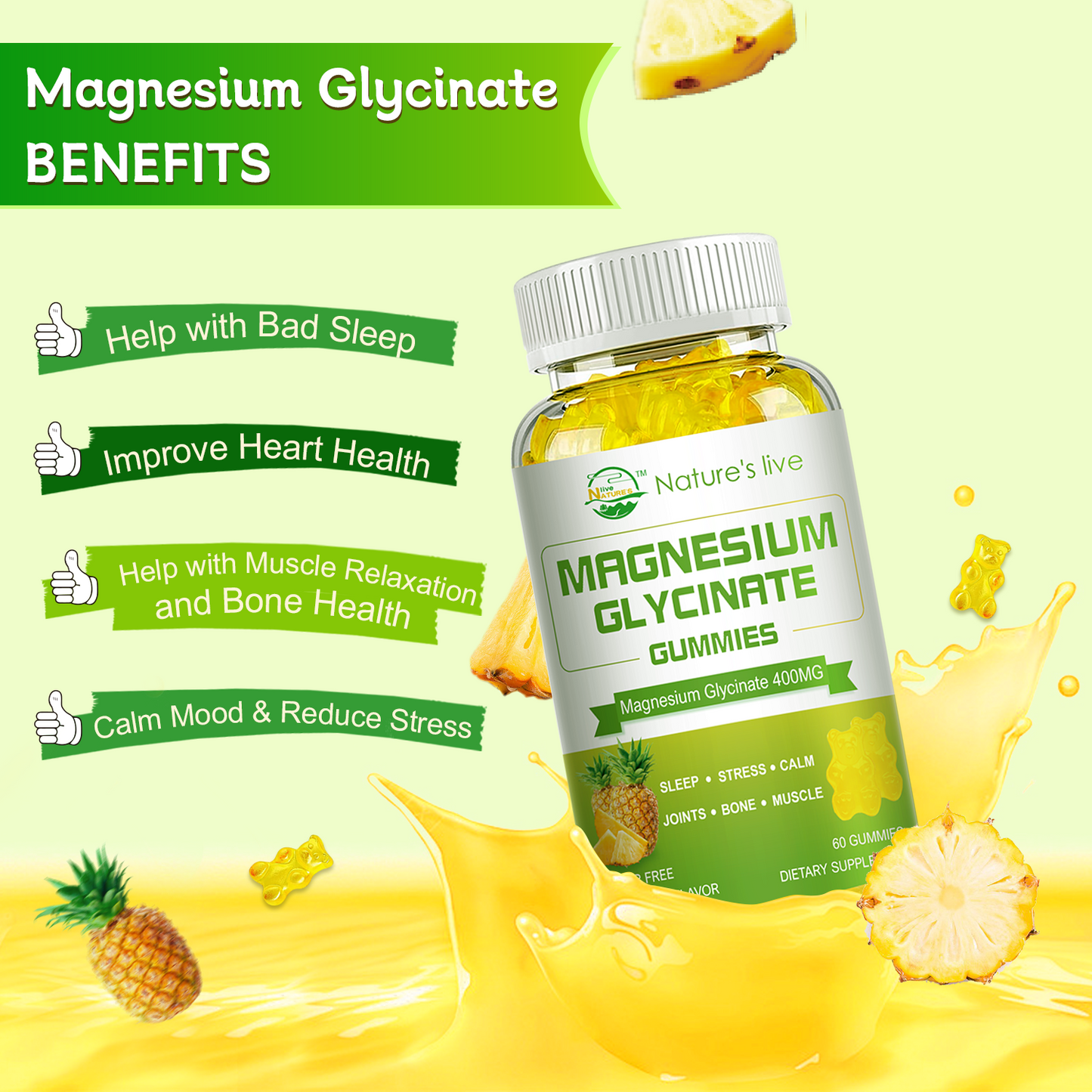 Magnesium Glycinate Gummies, Sugar Free Magnesium Supplement with Magnesium Glycinate 400mg, Magnesium L-Threonate 200mg for Calm Mood, Muscle, Bone & Sleep for Adults, Pineapple Gummies