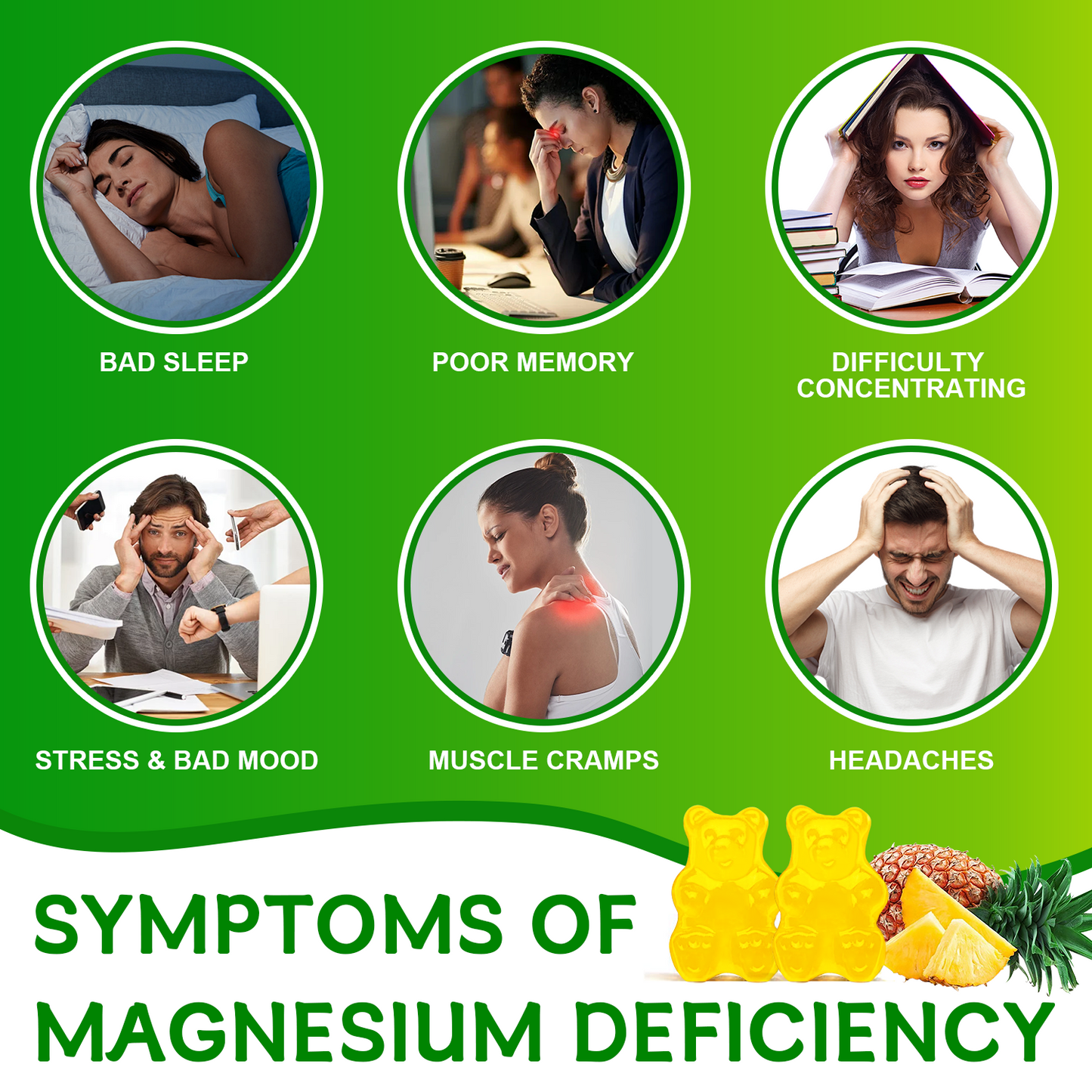 Magnesium Glycinate Gummies, Sugar Free Magnesium Supplement with Magnesium Glycinate 400mg, Magnesium L-Threonate 200mg for Calm Mood, Muscle, Bone & Sleep for Adults, Pineapple Gummies