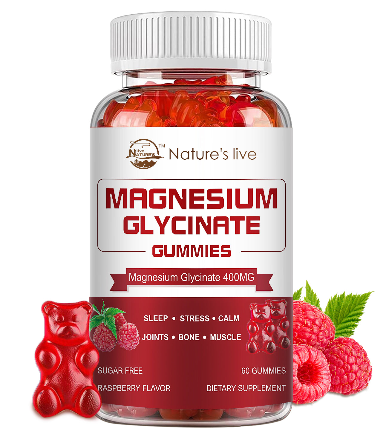 Magnesium Glycinate Gummies, Sugar Free Magnesium Supplement with Magnesium Glycinate 400mg, Magnesium L-Threonate 200mg for Calm Mood, Muscle, Bone & Sleep for Adults, Raspberry Gummies