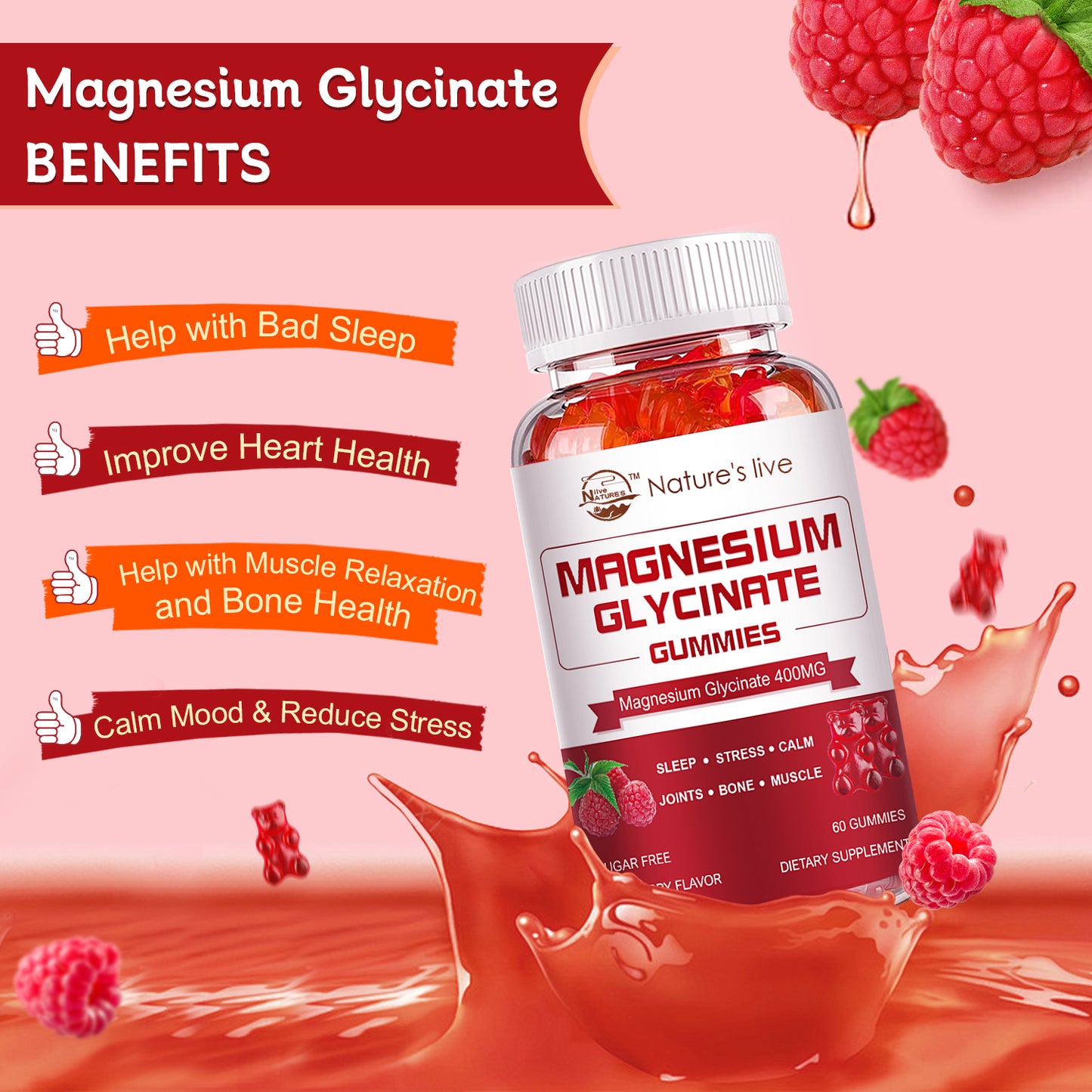 Magnesium Glycinate Gummies, Sugar Free Magnesium Supplement with Magnesium Glycinate 400mg, Magnesium L-Threonate 200mg for Calm Mood, Muscle, Bone & Sleep for Adults, Raspberry Gummies